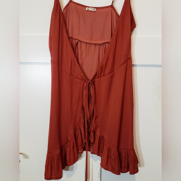 Free People Intimately All My Love Shine Wrap Mini Slip Dress Rust Satin S/M - Picture 3 of 14